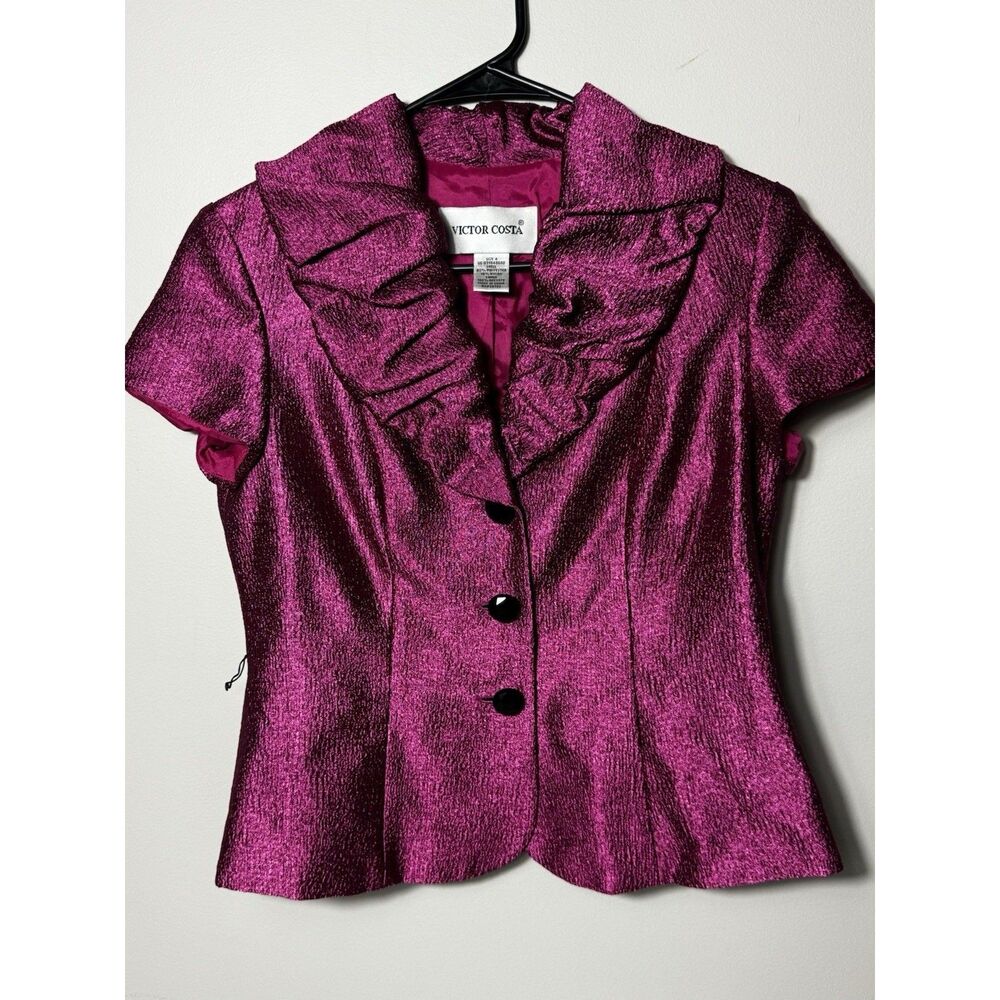 Victor Costa Pink Ruffle Blouse Size 4 Textured Metallic Button-Up Top
